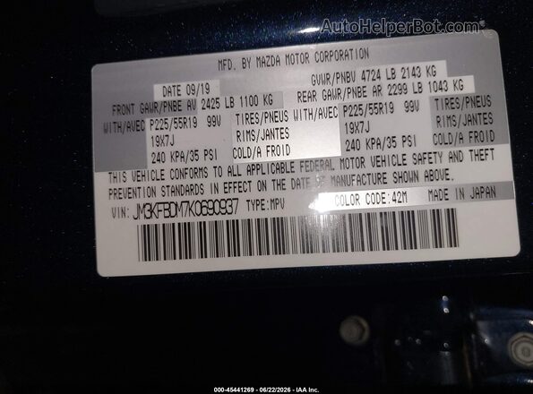JM3KFBDM7K0690937 2019 MAZDA CX-5 Blue Engine compartment view