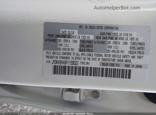 JM3KKBHA8R1159522 2024 MAZDA CX-90 PHEV White Widok komory silnika