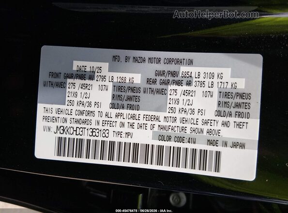 JM3KKCHD3T1363183 2026 MAZDA CX-90 Black Engine compartment view