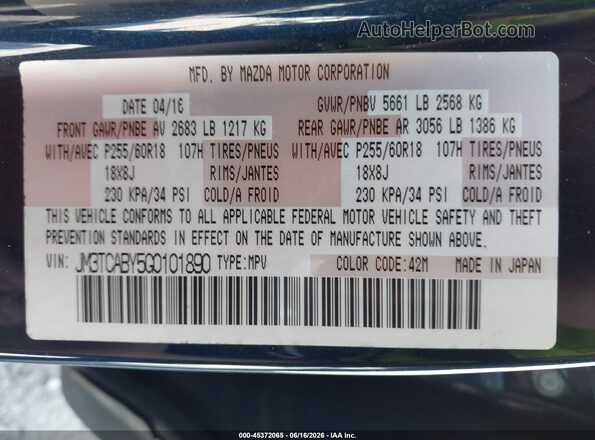JM3TCABY5G0101890 2016 MAZDA CX-9 Dark Blue Widok komory silnika