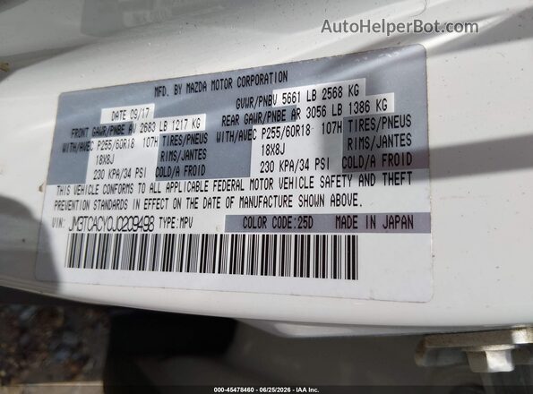 JM3TCACY0J0209498 2018 MAZDA CX-9 White ძრავის განყოფილების ხედი