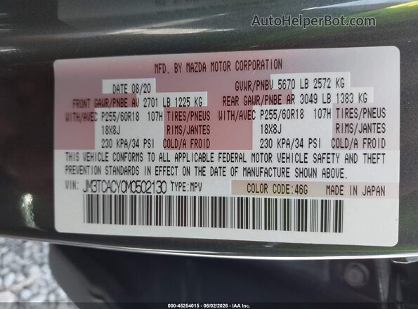 JM3TCACY0M0502130 2021 MAZDA CX-9 Gray Vista del compartimento del motor