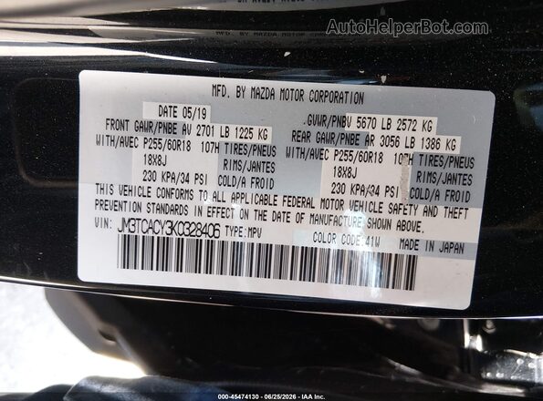 JM3TCACY3K0328406 2019 MAZDA CX-9 Black Вид підкапотного простору