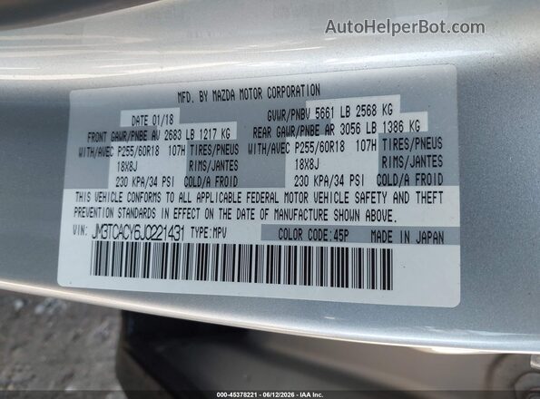 JM3TCACY6J0221431 2018 MAZDA CX-9 Серебряный Вид подкапотного пространства