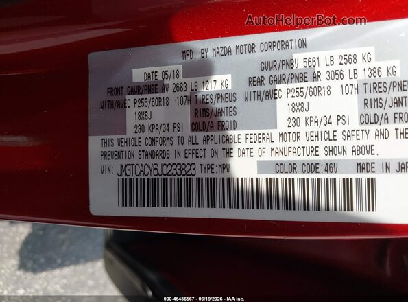 JM3TCACY6J0233823 2018 MAZDA CX-9 Red Widok komory silnika
