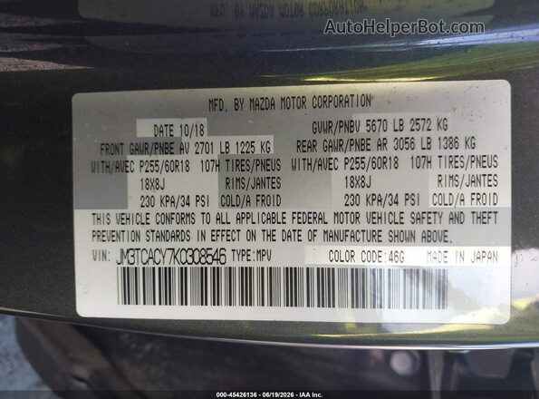 JM3TCACY7K0308546 2019 MAZDA CX-9 Gray ძრავის განყოფილების ხედი