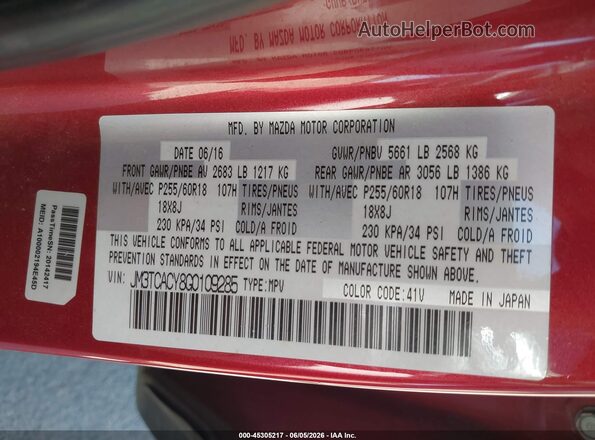 JM3TCACY8G0109285 2016 MAZDA CX-9 Red 