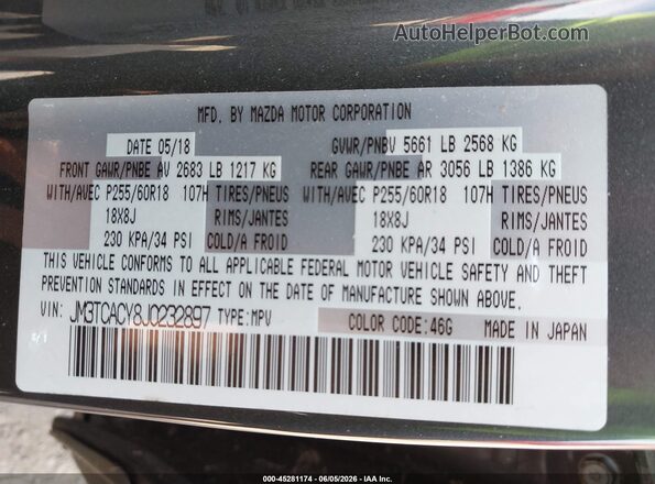 JM3TCACY8J0232897 2018 MAZDA CX-9 Black Շարժիչի բաժամունքի տեսք