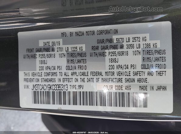 JM3TCACY9K0335313 2019 MAZDA CX-9 Gray 