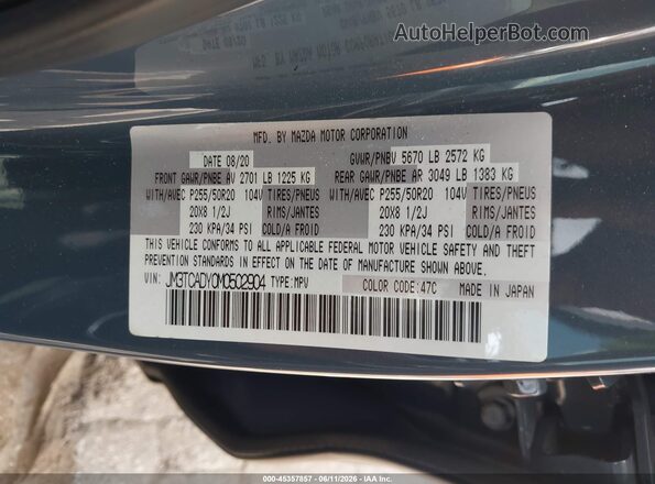 JM3TCADY0M0502904 2021 MAZDA CX-9 Blue Vista del compartimento del motor