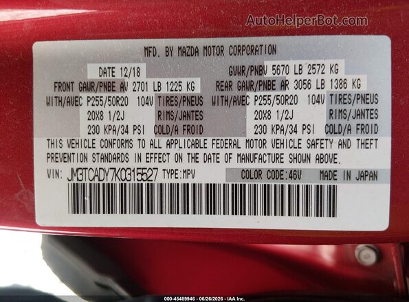 JM3TCADY7K0315527 2019 MAZDA CX-9 Red ძრავის განყოფილების ხედი