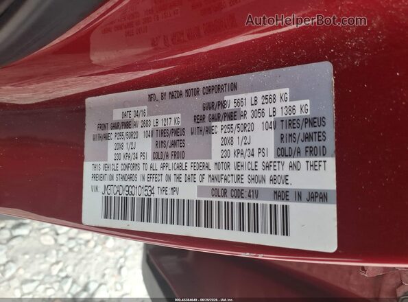 JM3TCADY9G0101534 2016 MAZDA CX-9 Red Vista del compartimento del motor