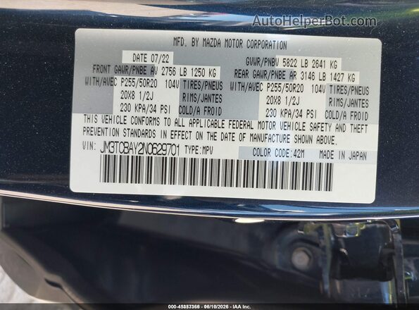 JM3TCBAY2N0629701 2022 MAZDA CX-9 Dark Blue Вид підкапотного простору