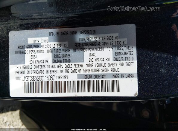JM3TCBBY2G0114067 2016 MAZDA CX-9 Blue Շարժիչի բաժամունքի տեսք