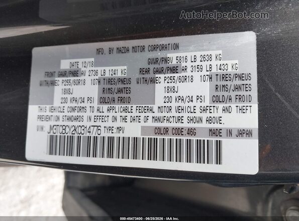 JM3TCBCY2K0314776 2019 MAZDA CX-9 Gray Vista del compartimento del motor