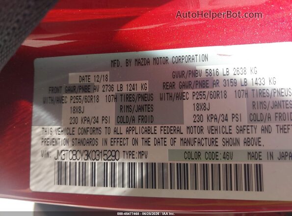 JM3TCBCY3K0315290 2019 MAZDA CX-9 Red Շարժիչի բաժամունքի տեսք