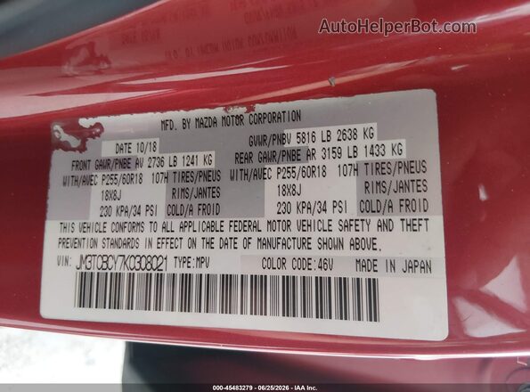 JM3TCBCY7K0308021 2019 MAZDA CX-9 Red Widok komory silnika