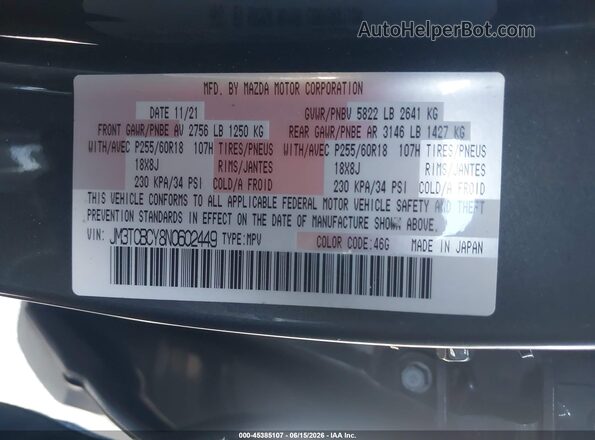 JM3TCBCY8N0602449 2022 MAZDA CX-9 Gray Vista del compartimento del motor