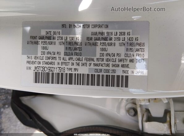 JM3TCBCY9G0117918 2016 MAZDA CX-9 White 