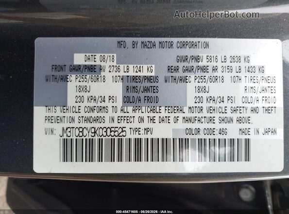 JM3TCBCY9K0305525 2019 MAZDA CX-9 Серый Вид подкапотного пространства