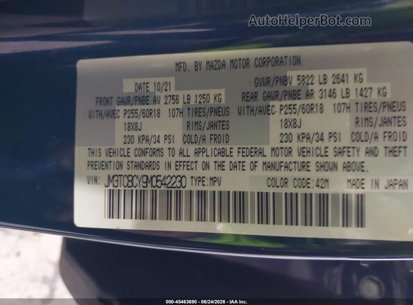 JM3TCBCY9M0542230 2021 MAZDA CX-9 Blue Engine compartment view