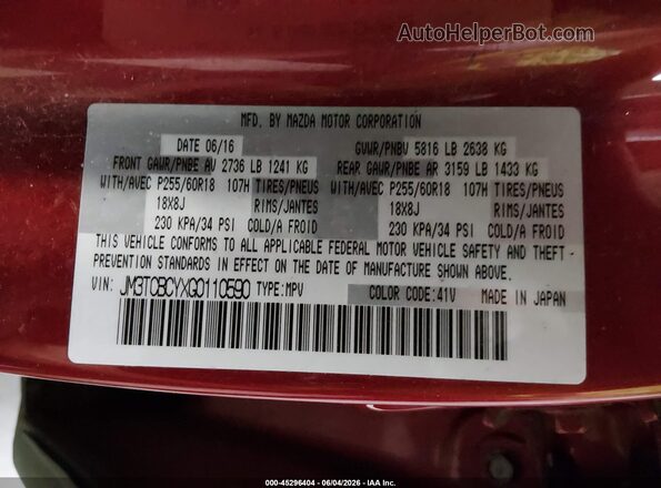 JM3TCBCYXG0110590 2016 MAZDA CX-9 Red Vista del compartimento del motor