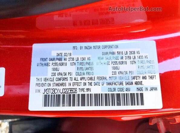 JM3TCBCYXJ0223608 2018 MAZDA CX-9 Red VIN կոդի պիտակի տեսք