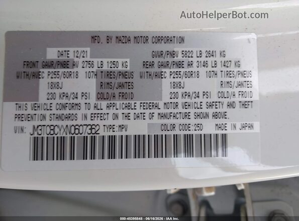 JM3TCBCYXN0607362 2022 MAZDA CX-9 White ძრავის განყოფილების ხედი