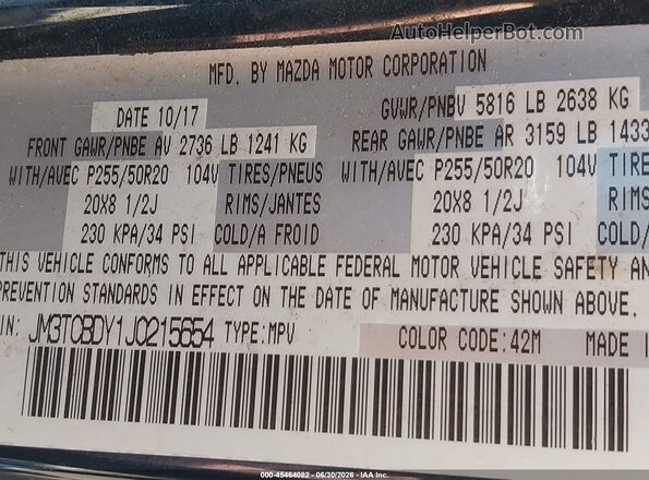 JM3TCBDY1J0215654 2018 MAZDA CX-9 Серый Вид подкапотного пространства