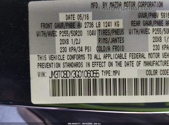 JM3TCBDY3G0106055 2016 MAZDA CX-9 Dark Blue Engine compartment view