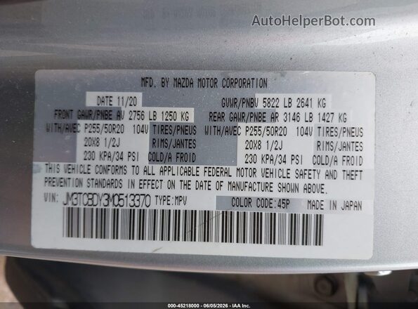 JM3TCBDY3M0513370 2021 MAZDA CX-9 Silver 