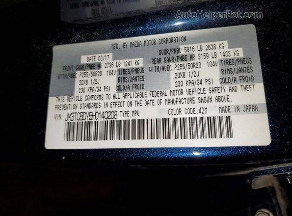 JM3TCBDY5H0140208 2017 MAZDA CX-9 Blue VIN sticker view