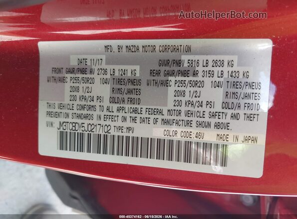 JM3TCBDY5J0217102 2018 MAZDA CX-9 Красный Вид подкапотного пространства