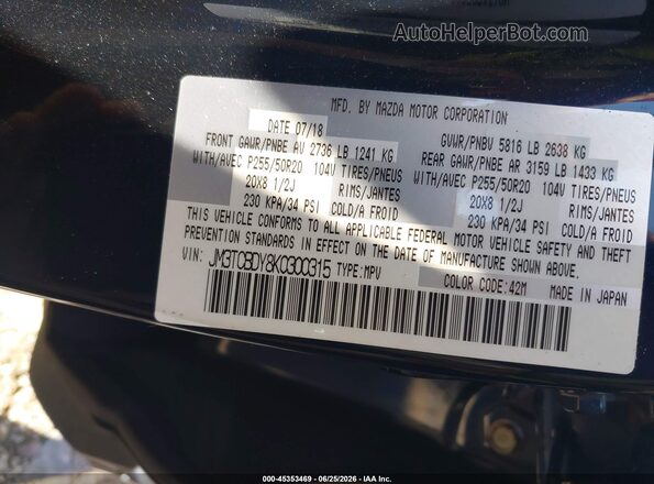 JM3TCBDY8K0300315 2019 MAZDA CX-9 Blue Շարժիչի բաժամունքի տեսք