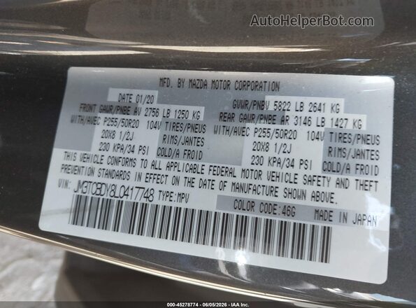 JM3TCBDY8L0417748 2020 MAZDA CX-9 Gray Вид підкапотного простору