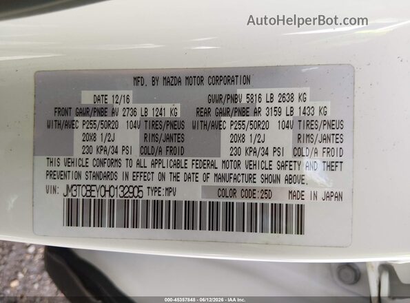 JM3TCBEY0H0132905 2017 MAZDA CX-9 White Widok komory silnika