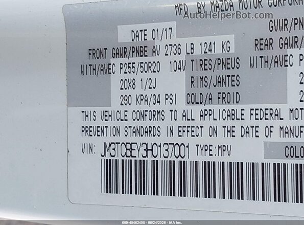 JM3TCBEY3H0137001 2017 MAZDA CX-9 White ძრავის განყოფილების ხედი
