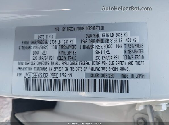 JM3TCBEY6J0217690 2018 MAZDA CX-9 White Widok komory silnika