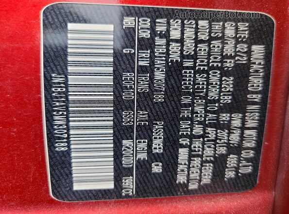 JN1BJ1AV5MW307188 2021 NISSAN ROGUE Maroon VIN sticker view