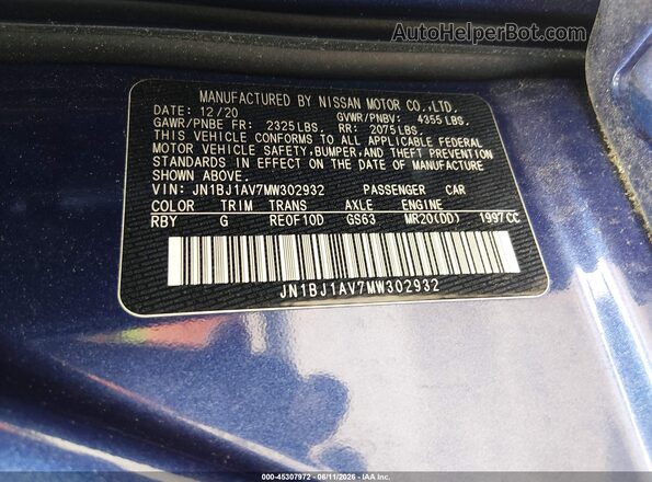 JN1BJ1AV7MW302932 2021 NISSAN ROGUE Blue Engine compartment view