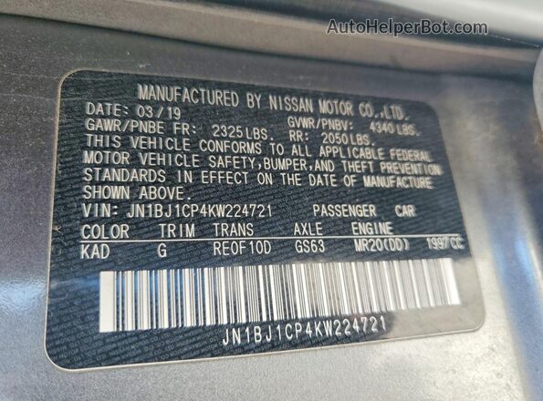 JN1BJ1CP4KW224721 2019 NISSAN ROGUE Gray Вид наклейки з VIN-кодом