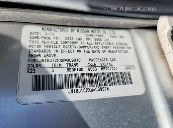 JN1BJ1CPXHW009076 2017 NISSAN ROGUE Silver Вид наклейки з VIN-кодом