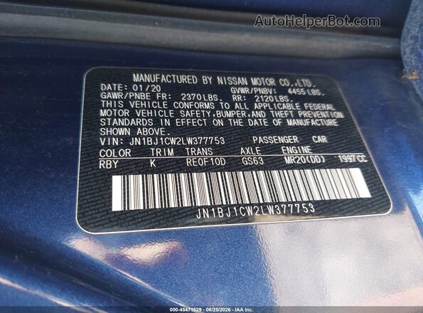JN1BJ1CW2LW377753 2020 NISSAN ROGUE Blue ძრავის განყოფილების ხედი