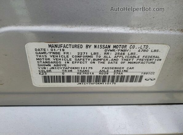 JN1CV7AP0KM110175 2019 INFINITI Q50 Серебряный 