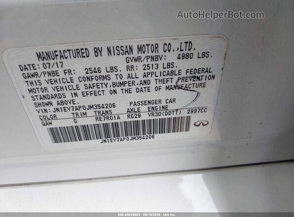 JN1EV7AP0JM354206 2018 INFINITI Q50 White Շարժիչի բաժամունքի տեսք