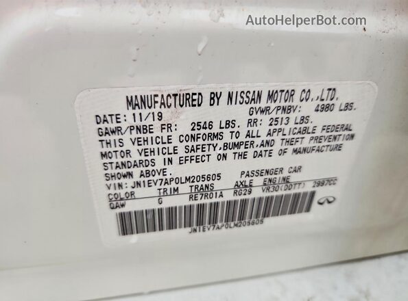 JN1EV7AP0LM205605 2020 INFINITI Q50 White Vista del compartimento del motor