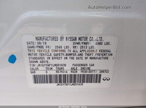 JN1EV7AP1LM201630 2020 INFINITI Q50 White Շարժիչի բաժամունքի տեսք