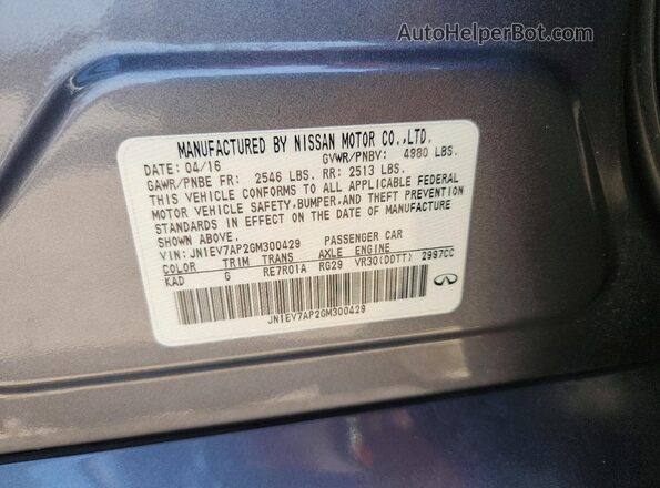 JN1EV7AP2GM300429 2016 INFINITI Q50 Gray Вид наклейки з VIN-кодом