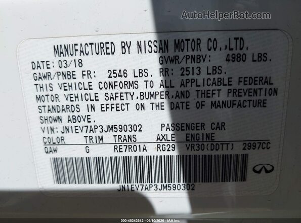 JN1EV7AP3JM590302 2018 INFINITI Q50 White 