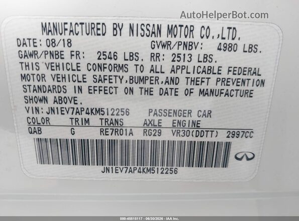 JN1EV7AP4KM512256 2019 INFINITI Q50 White Շարժիչի բաժամունքի տեսք